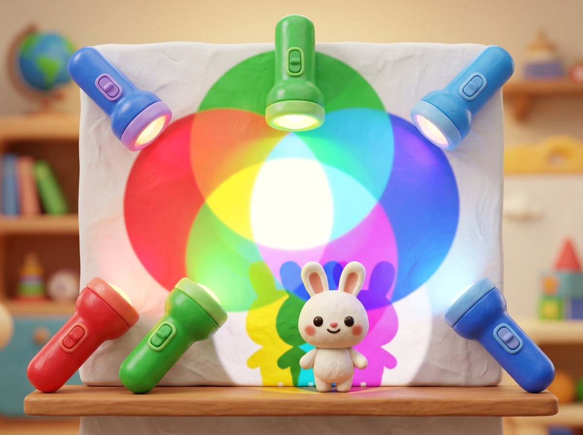 Red, green and blue flashlights mixing colors on a wall