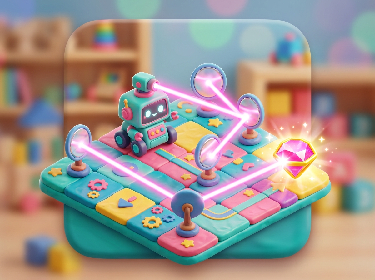 A toy robot laser bouncing off mirrors to a gem