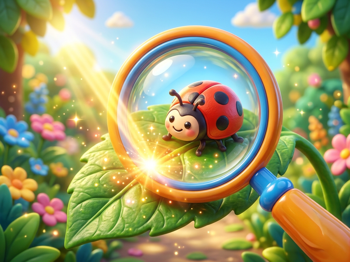 A magnifying glass focusing sunbeams on a leaf with a ladybug