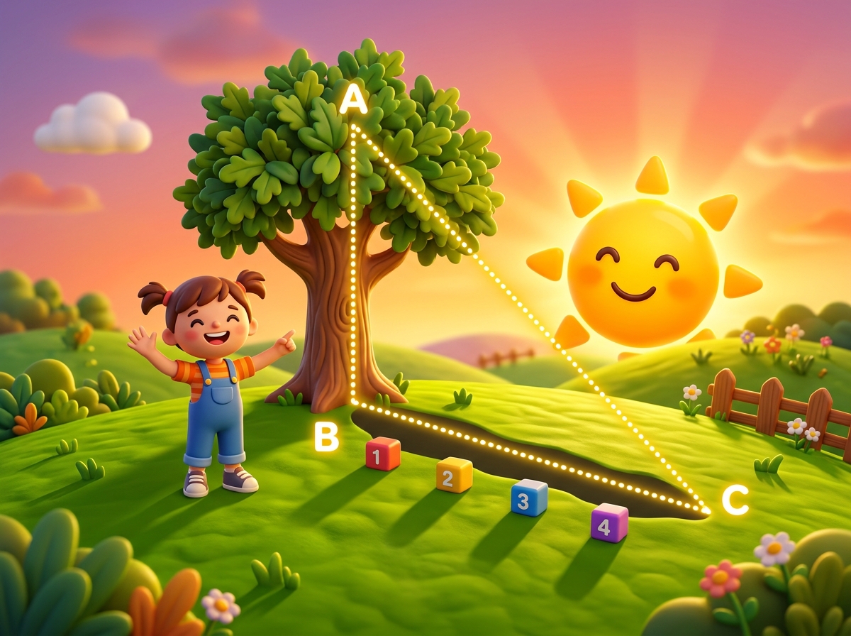 A child and a tree with long shadows forming a triangle