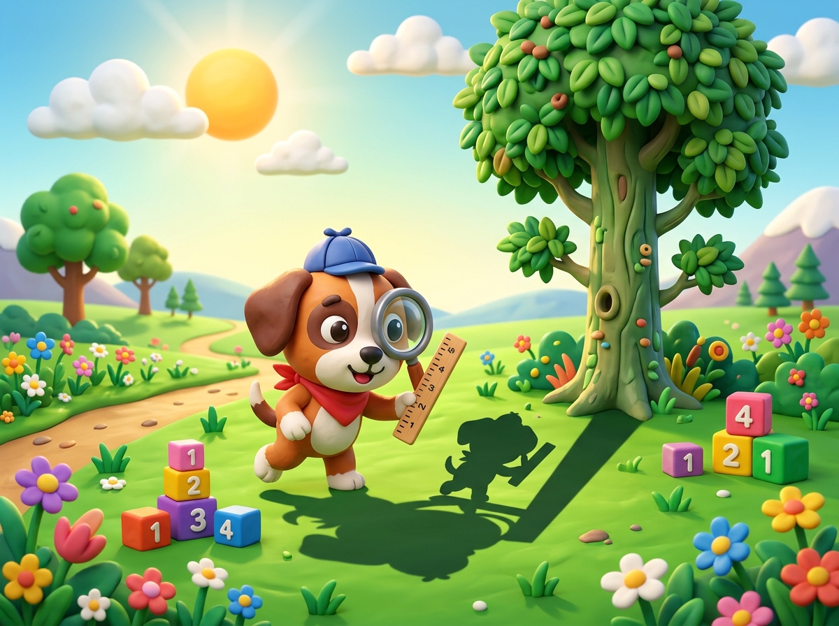 A detective puppy measuring a tree shadow